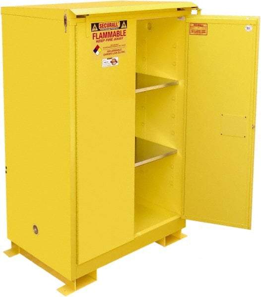 Securall Cabinets - 2 Door, 2 Shelf, Yellow Steel Standard Safety Cabinet for Flammable and Combustible Liquids - 71" High x 43" Wide x 31" Deep, Self Closing Door, 3 Point Key Lock, 90 Gal Capacity - Caliber Tooling