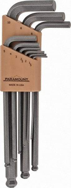 Paramount - 9 Piece L-Key Ball End Hex Key Set - Hex Range 1.5 to 10mm, 7-1/4" OAL, Steel - Caliber Tooling