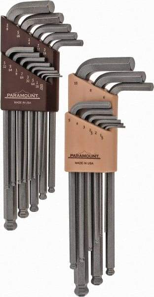 Paramount - 22 Piece L-Key Ball End Hex Key Set - Hex Range 0.05 to 3/8", 7-1/4" OAL, Steel - Caliber Tooling