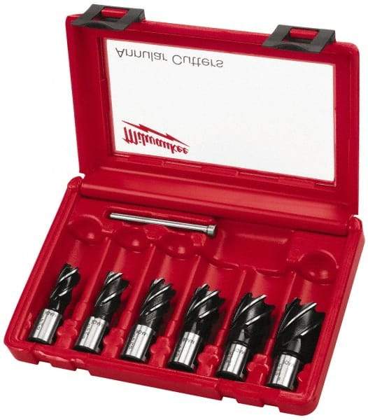 Milwaukee Tool - 6 Piece, 9/16 to 1-1/16" Cutter Diam, 1" Cutting Depth, Steel Annular Cutter Set - Bright Finish, 3/4" Shank Diam, 9/16, 5/8, 11/16, 13/16, 15/16, 1-1/16" Cutter Diams, 2 Flats on Shank - Caliber Tooling