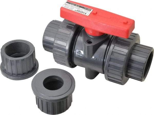 Legend Valve - 1-1/4" Pipe, Full Port, PVC True Union Design Ball Valve - Inline - One Way Flow, FNPT x Solvent Ends, Tee Handle, 150 WOG - Caliber Tooling