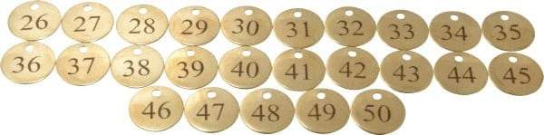 Value Collection - 1-1/4" High x 1-1/4" Long, 26 to 50, English Safety & Facility Numbered Tag - 1 Side, Brass - Caliber Tooling