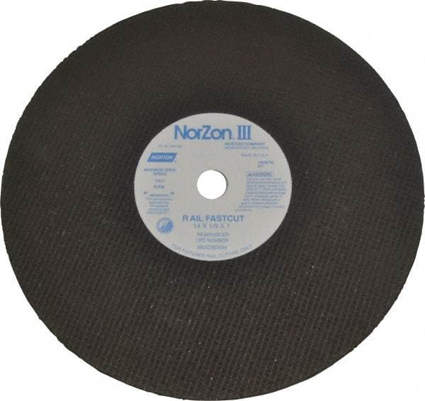 Norton - 14" 24 Grit Zirconia Alumina Cutoff Wheel - 1/8" Thick, 1" Arbor, 5,400 Max RPM, Use with Electric & Gas Powered Saws - Caliber Tooling