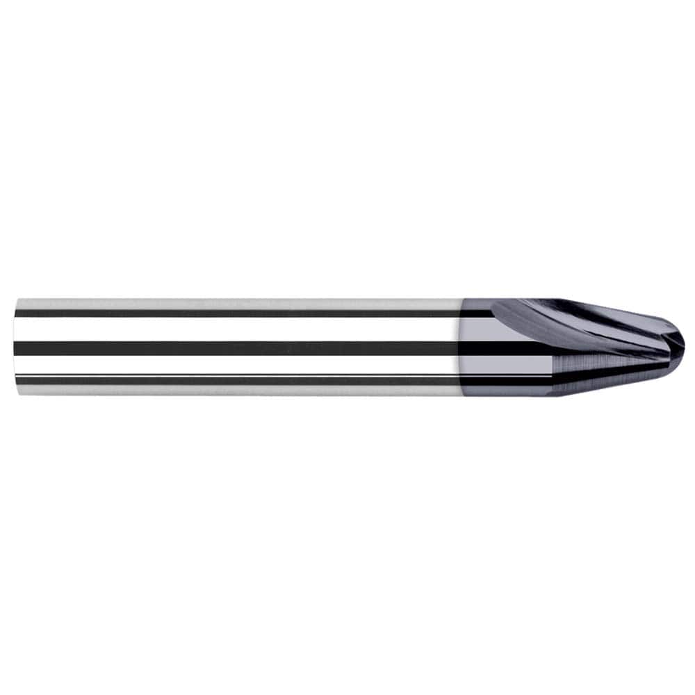 Tapered End Mill: 45 ° per Side, 0.04″ Small Dia, 0.148″ LOC, 2 Flutes, Solid Carbide, Ball End 5/16″ Shank Dia, 2-1/2″ OAL, AlTiN Finish, Series Runner Cutters