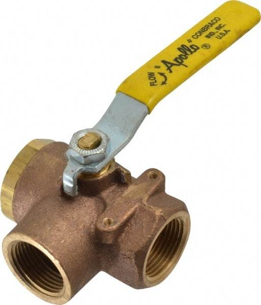 Apollo - 1" Pipe, Large Port, Bronze Standard Ball Valve - Three Way, FNPT x FNPT x FNPT Ends, Lever Handle, 400 WOG - Caliber Tooling