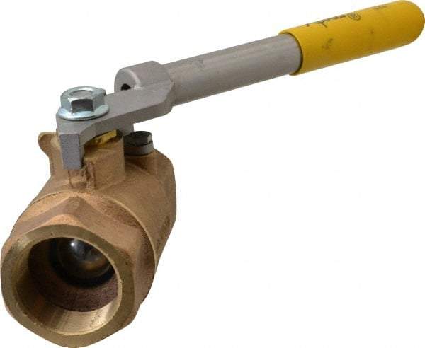 Apollo - 1-1/2" Pipe, Bronze Standard Ball Valve - 2 Piece, Inline - One Way Flow, FNPT x FNPT Ends, Deadman Lever (Spring Return to Close) Handle, 600 WOG, 150 WSP - Caliber Tooling