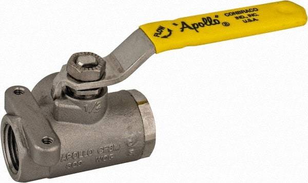 Apollo - 1/2" Pipe, Stainless Steel Standard Ball Valve - Three Way, FNPT x FNPT x FNPT Ends, Lever Handle, 800 WOG - Caliber Tooling