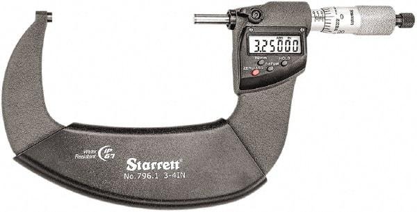 Starrett - Standard Throat IP67 Electronic Outside Micrometer - Ratchet Stop Thimble, Carbide Face, CR2032 Battery - Caliber Tooling