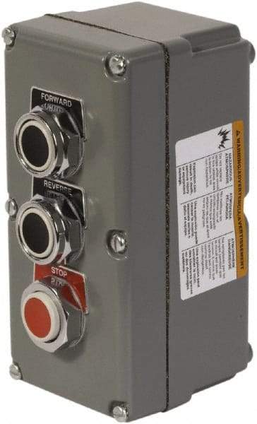 Schneider Electric - 3 Operator, Projecting Pushbutton Control Station - Forward, Reverse, Stop (Legend), Momentary Switch, 3NO/3NC Contact, NEMA 13, 3, 4 - Caliber Tooling