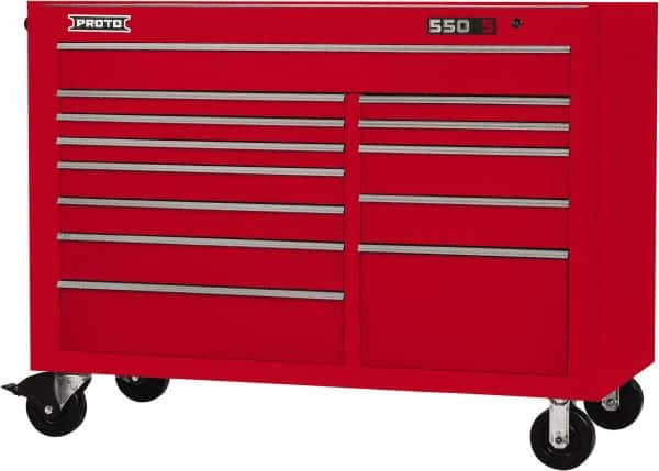 Proto - 28,291 Lb Capacity, 13 Drawer Mobile Workstation - 57" Wide x 25-1/4" Deep x 43" High, Steel, Red - Caliber Tooling