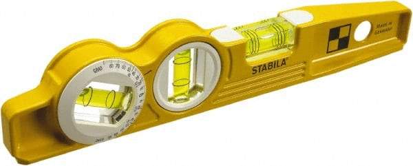 Stabila - Magnetic 10" Long 3 Vial Torpedo Level - Die Cast, Yellow, 1 Plumb, 1 Level & 1 45° Vials - Caliber Tooling