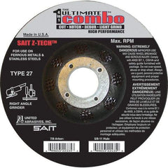 Sait - 5" Wheel Diam, 7/8" Arbor Hole, Type 27 Depressed Center Wheel - Extra Coarse Grade, Zirconia Alumina, S Hardness, 12,200 Max RPM - Caliber Tooling