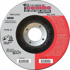 Sait - 60 Grit, 4-1/2" Wheel Diam, 7/8" Arbor Hole, Type 27 Depressed Center Wheel - Extra Coarse Grade, Aluminum Oxide, S Hardness, 13,300 Max RPM - Caliber Tooling