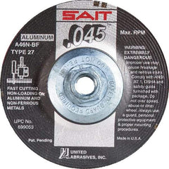 Sait - 46 Grit, 5" Wheel Diam, Type 27 Depressed Center Wheel - Extra Coarse Grade, Aluminum Oxide, N Hardness, 12,200 Max RPM - Caliber Tooling