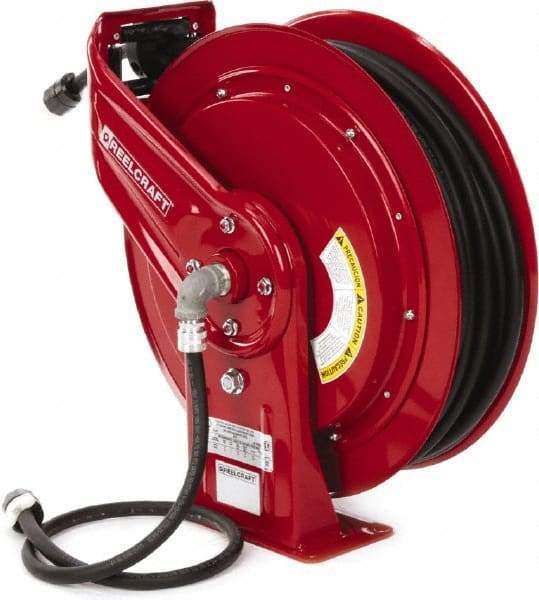 Reelcraft - 12 AWG, 100' Cable Length, Cord & Cable Reel with Outlet End - 1 Outlet, NEMA 5-15R, 15 Amps, 125 Volts, SEOOW Cable, Red Reel, Spring Driven Reel - Caliber Tooling