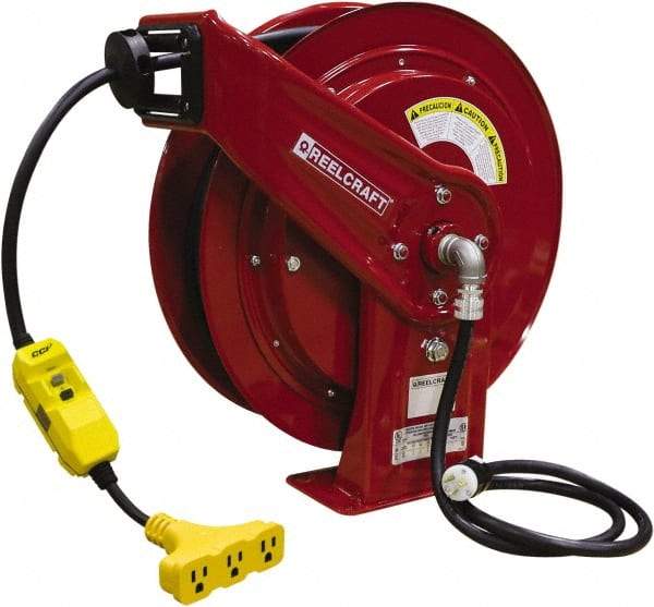 Reelcraft - 12 AWG, 100' Cable Length, Cord & Cable Reel with Triple-Tap with GFCI End - 3 Outlets, NEMA 5-15R, 15 Amps, 125 Volts, SEOOW Cable, Red Reel, Spring Driven Reel - Caliber Tooling