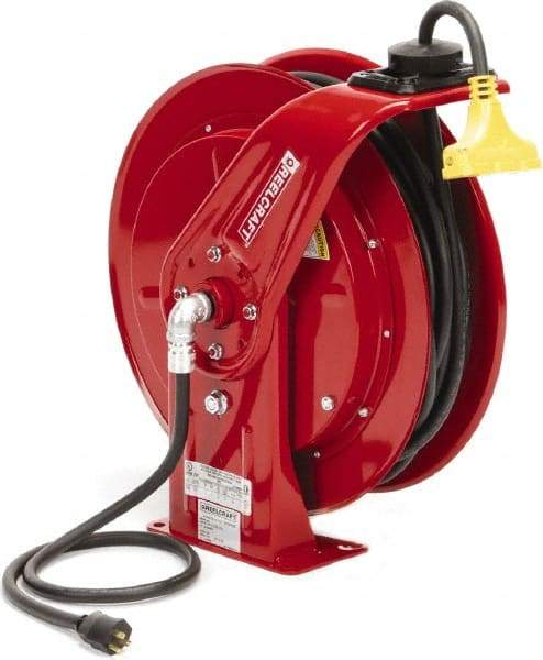 Reelcraft - 12 AWG, 100' Cable Length, Cord & Cable Reel with Triple-Tap Outlet End - 3 Outlets, NEMA 5-15R, 15 Amps, 125 Volts, SEOOW Cable, Red Reel, Spring Driven Reel - Caliber Tooling