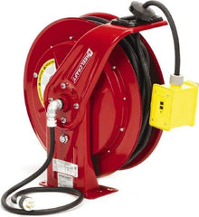 Reelcraft - 12 AWG, 100' Cable Length, Cord & Cable Reel with Duplex GFCI Outlet Box End - 2 Outlets, NEMA 5-15R, 15 Amps, 125 Volts, SEOOW Cable, Red Reel, Spring Driven Reel - Caliber Tooling