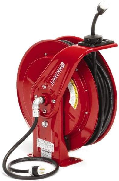 Reelcraft - 12 AWG, 100' Cable Length, Cord & Cable Reel with Outlet End - 1 Outlet, NEMA 5-20R, 20 Amps, 125 Volts, SEOOW Cable, Red Reel, Spring Driven Reel - Caliber Tooling