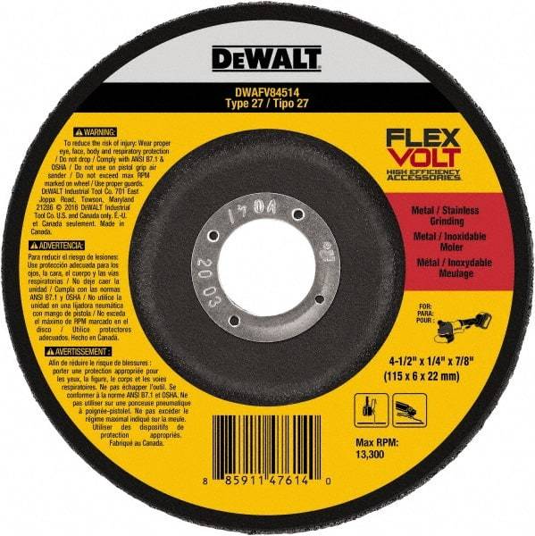 DeWALT - 4-1/2" Wheel Diam, 1/4" Wheel Thickness, 7/8" Arbor Hole, Type 27 Depressed Center Wheel - Fine/Coarse Grade, Ceramic, 13,300 Max RPM - Caliber Tooling