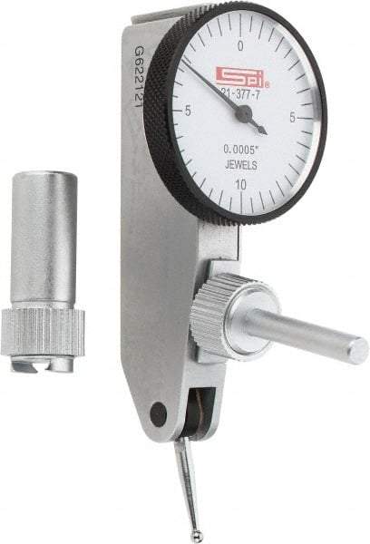 SPI - 0.02" Range, 0.0005" Dial Graduation, Horizontal Dial Test Indicator - 1-1/4" White Dial, 0-10-0 Dial Reading, Accurate to 0.0005" - Caliber Tooling