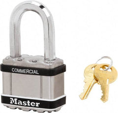 Master Lock - 1-1/2" Shackle Clearance, Keyed Alike Padlock - 3/8" Shackle Diam, Laminated Steel - Caliber Tooling