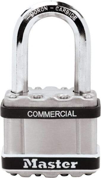 Master Lock - 2-1/2" Shackle Clearance, Keyed Different Padlock - 3/8" Shackle Diam, Laminated Steel - Caliber Tooling