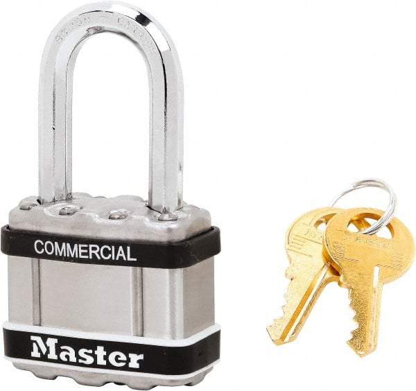 Master Lock - 1-1/2" Shackle Clearance, Keyed Alike Padlock - 5/16" Shackle Diam, Laminated Steel - Caliber Tooling