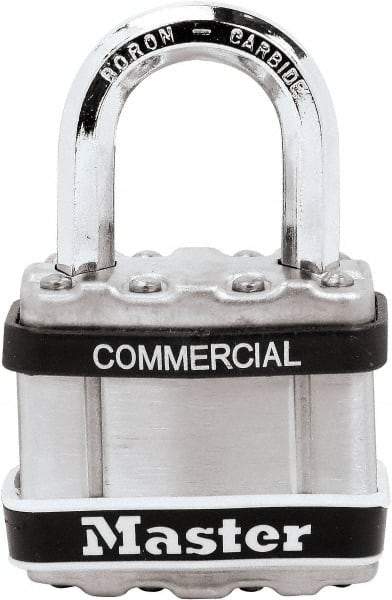 Master Lock - 1" Shackle Clearance, Keyed Different Padlock - 5/16" Shackle Diam, Laminated Steel - Caliber Tooling