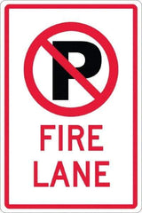 NMC - "Fire Lane", "Strike on P", 12" Wide x 18" High, Aluminum No Parking & Tow Away Signs - 0.08" Thick, Red & Black on White, High Intensity Reflectivity, Rectangle, Post Mount - Caliber Tooling