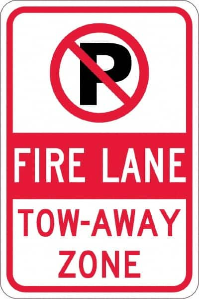 NMC - "Fire Lane Tow-Away Zone", "Strike on P", 12" Wide x 18" High, Aluminum No Parking & Tow Away Signs - 0.08" Thick, Red & Black on White, Engineer Grade Reflectivity, Rectangle, Post Mount - Caliber Tooling