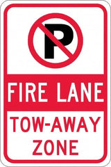 NMC - "Fire Lane Tow-Away Zone", "Strike on P", 12" Wide x 18" High, Aluminum No Parking & Tow Away Signs - 0.08" Thick, Red & Black on White, Engineer Grade Reflectivity, Rectangle, Post Mount - Caliber Tooling