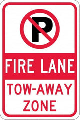 NMC - "Fire Lane Tow-Away Zone", "Strike on P", 12" Wide x 18" High, Aluminum No Parking & Tow Away Signs - 0.08" Thick, Red & Black on White, High Intensity Reflectivity, Rectangle, Post Mount - Caliber Tooling