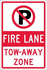 NMC - "Fire Lane Tow-Away Zone", "Strike on P", 12" Wide x 18" High, Aluminum No Parking & Tow Away Signs - 0.063" Thick, Red & Black on White, Rectangle, Post Mount - Caliber Tooling