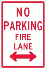 NMC - "No Parking - Fire Lane", "Double Arrow", 12" Wide x 18" High, Aluminum No Parking & Tow Away Signs - 0.063" Thick, Red on White, Rectangle, Post Mount - Caliber Tooling