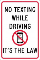 NMC - "No Texting While Driving It's The Law", "Strike on Cell Phone", 12" Wide x 18" High, Aluminum Warning & Safety Reminder Signs - 0.063" Thick, Red & Black on White, Rectangle, Post Mount - Caliber Tooling