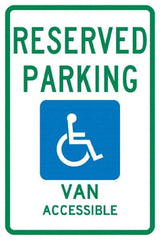 NMC - "Reserved Parking Van Accessible", "Handicap Symbol", 12" Wide x 18" High, Aluminum ADA Signs - 0.04" Thick, Green & Blue on White, Rectangle, Post Mount - Caliber Tooling