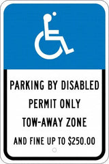 NMC - "Parking By Disabled Permit Only Tow-Away Zone And Fine Up To $250", "Handicap Symbol", 12" Wide x 18" High, Aluminum ADA Signs - 0.08" Thick, White on Blue, Engineer Grade Reflectivity, Rectangle, Post Mount - Caliber Tooling