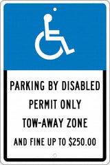 NMC - "Parking By Disabled Permit Only Tow-Away Zone And Fine Up To $250", "Handicap Symbol", 12" Wide x 18" High, Aluminum ADA Signs - 0.063" Thick, White on Blue, Rectangle, Post Mount - Caliber Tooling