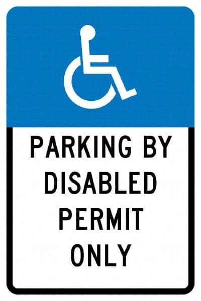 NMC - "Parking By Disabled Permit Only", "Handicap Symbol", 12" Wide x 18" High, Aluminum ADA Signs - 0.04" Thick, White on Blue, Rectangle, Post Mount - Caliber Tooling