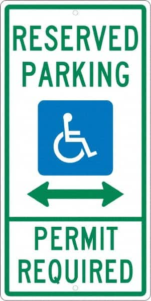 NMC - "Reserved Parking Permit Required", "Handicap Symbol", 12" Wide x 24" High, Aluminum ADA Signs - 0.063" Thick, Green & Blue on White, Rectangle, Post Mount - Caliber Tooling