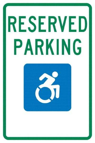 NMC - "Reserved Parking", "Handicap Symbol", 12" Wide x 18" High, Aluminum ADA Signs - 0.04" Thick, Green & Blue on White, Rectangle, Post Mount - Caliber Tooling