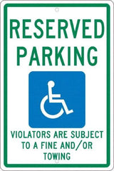 NMC - "Reserved Parking Violators Are Subject To A Fine And/Or Towing", "Handicap Symbol", 12" Wide x 18" High, Aluminum ADA Signs - 0.063" Thick, Green & Blue on White, Rectangle, Post Mount - Caliber Tooling