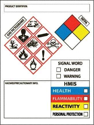 NMC - Hazardous Materials Label, Header: WARNING - Legend: GHS - Graphic, English, White, Red, Blue, Yellow & Black, 3" Long x 4" High, No Coating - Caliber Tooling