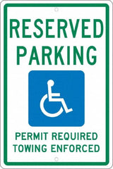 NMC - "Reserved Parking Permit Required Towing Enforced", "Handicap Symbol", 12" Wide x 18" High, Aluminum Reserved Parking Signs - 0.063" Thick, Green & Blue on White, Rectangle, Post Mount - Caliber Tooling