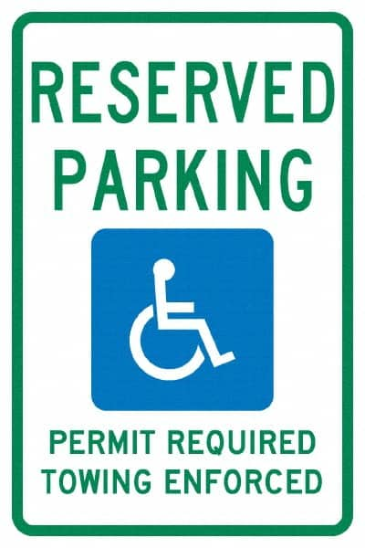 NMC - "Reserved Parking Permit Required Towing Enforced", "Handicap Symbol", 12" Wide x 18" High, Aluminum Reserved Parking Signs - 0.04" Thick, Green & Blue on White, Rectangle, Post Mount - Caliber Tooling