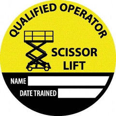 NMC - Safety Trained Scissor Lift - Name ____ Date Trained ____, Hard Hat Label - Round, Yellow, Black, White, 0.004" Thick, Indoor or Outdoor, Adhesive Backed, For Accident Prevention - Caliber Tooling