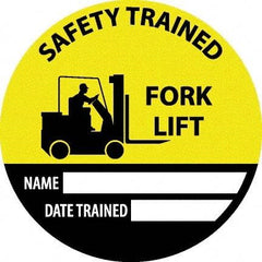 NMC - Safety Trained Fork Lift - Name ____ Date Trained ____, Hard Hat Label - Round, Yellow, Black, White, 0.004" Thick, Indoor or Outdoor, Adhesive Backed, For Accident Prevention - Caliber Tooling