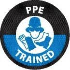 NMC - PPE Trained, Hard Hat Label - Round, Black & Blue on White, 0.004" Thick, Indoor or Outdoor, Adhesive Backed, For Accident Prevention - Caliber Tooling