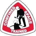 NMC - Confined Space Trained, Hard Hat Label - Triangle, Black & Red on White, 0.004" Thick, Indoor or Outdoor, Adhesive Backed, For Accident Prevention - Caliber Tooling